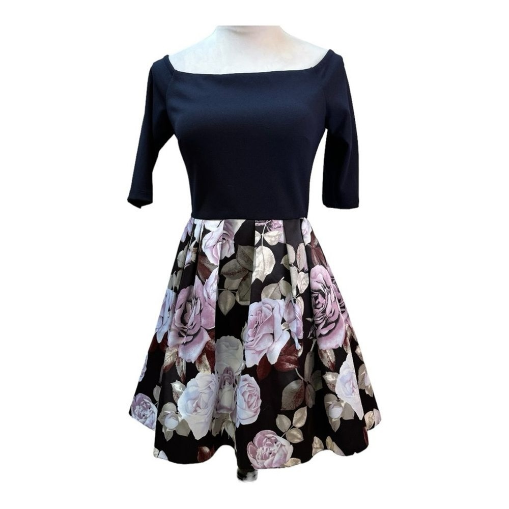 Betsy & Adam Women Navy Blue Floral Fit and Flare Cocktail Dress Pockets‎ Size 4